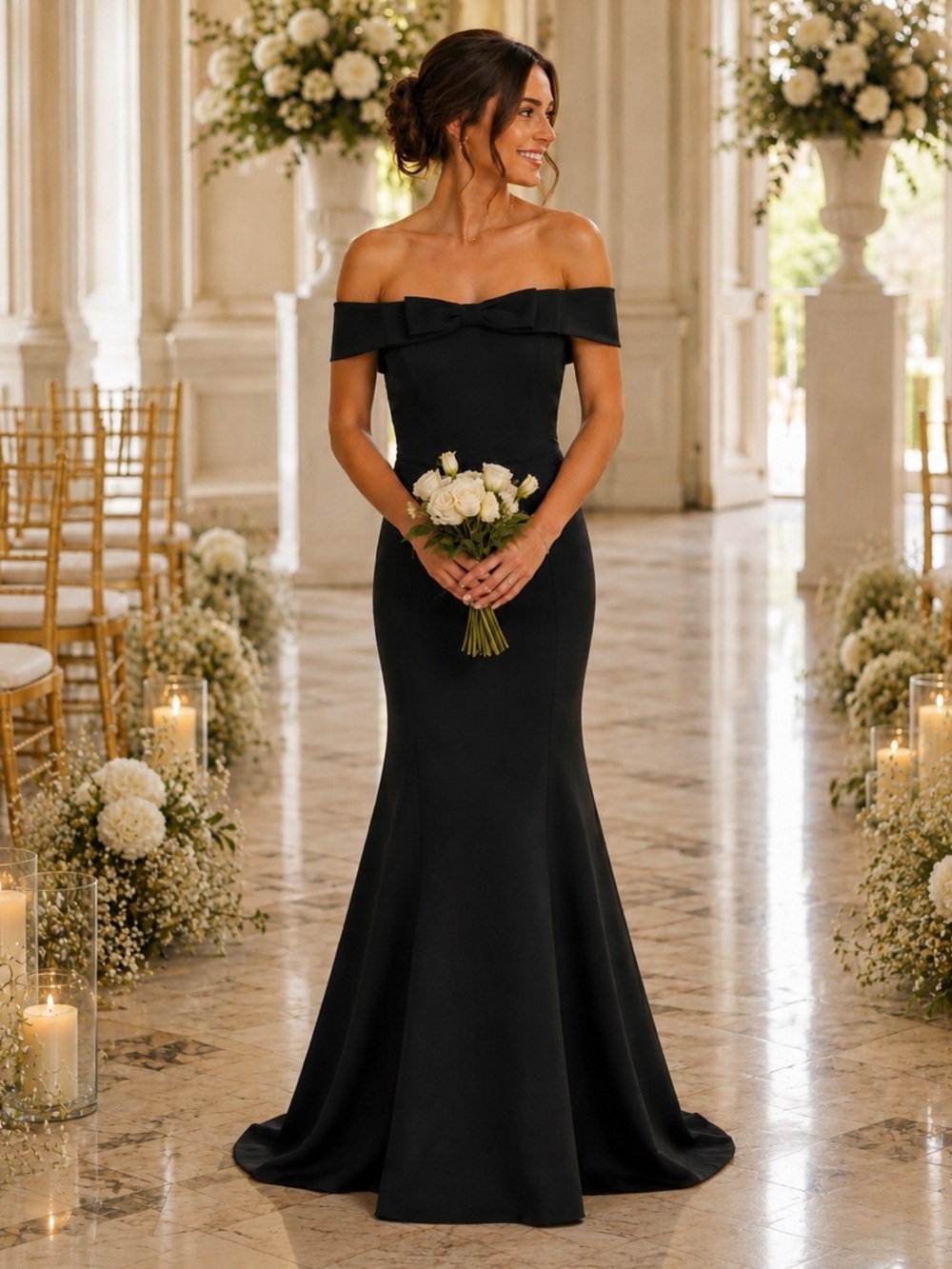 AMSALE Women's Black JUNA Off-Shoulder Trumpet Gown with Front Bow Detail 12 NEW